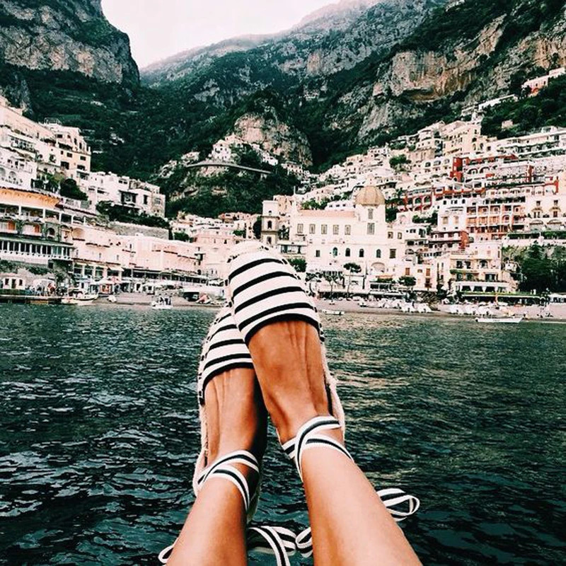 Summer Flat Sandals Women Lace up Stripe Black Flats Espadrilles Shoes for Woman INS Style Ankle Strap Girls Beach Sandals 250228