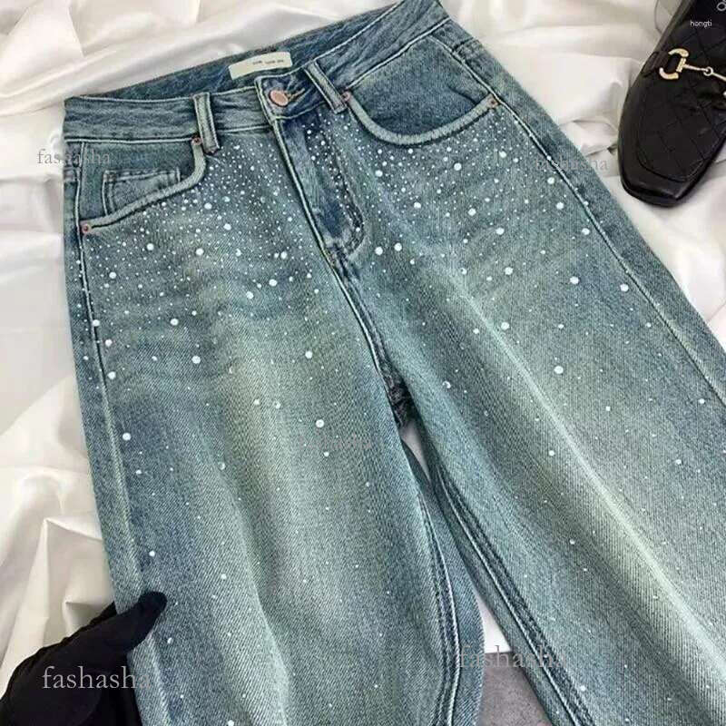 Womens Jeans Shiny Rivet For Women 2025 High Waist Straight-Leg Slim Denim Pants Diamond-Studded Washed Blue Female Tr