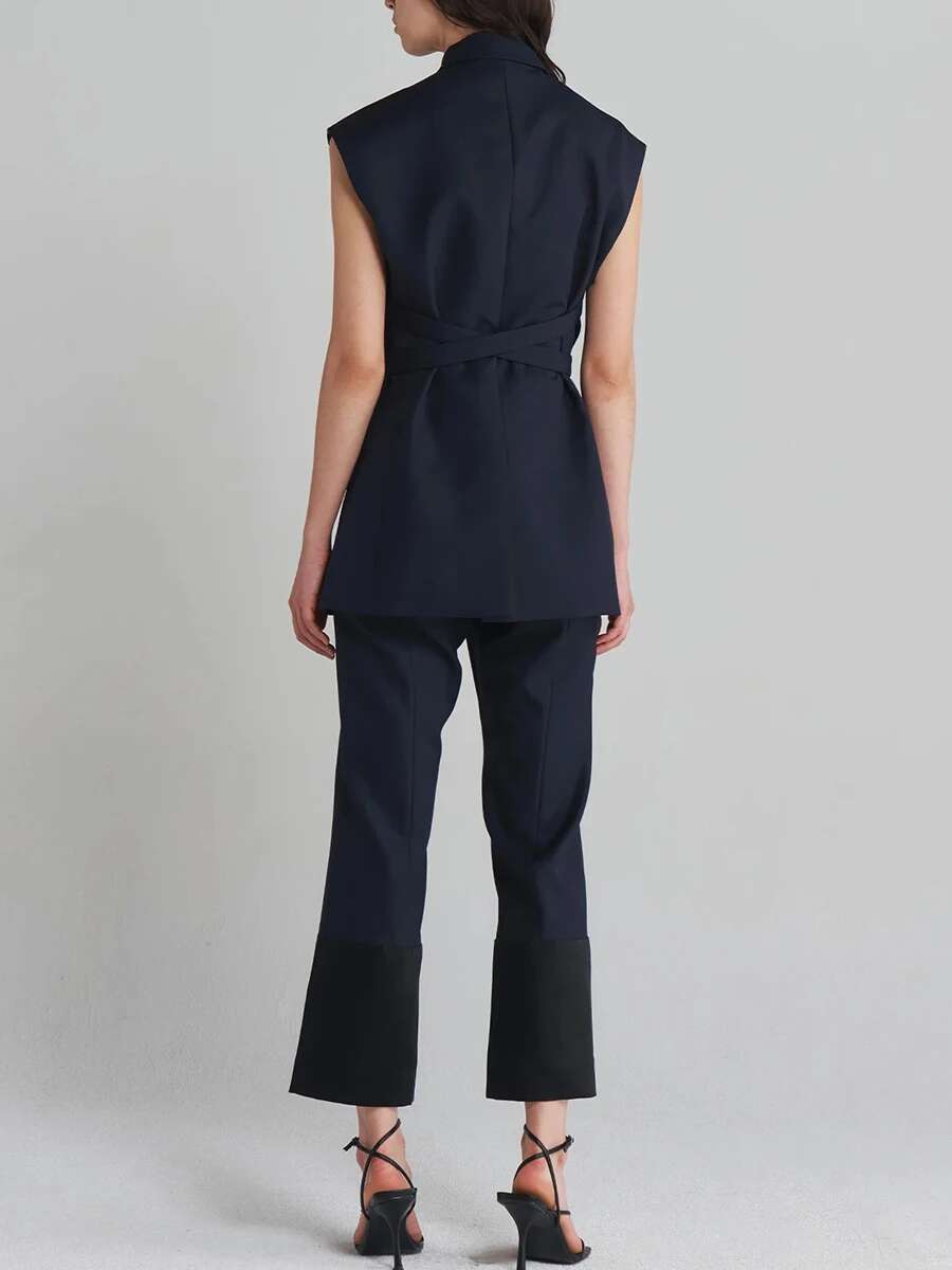 TWOTWINSTYLE Solid Spliced Belts Slimming Chic Waistcoats For Women Lapel Sleeveless Tunic Temperament Top Female Fashion New