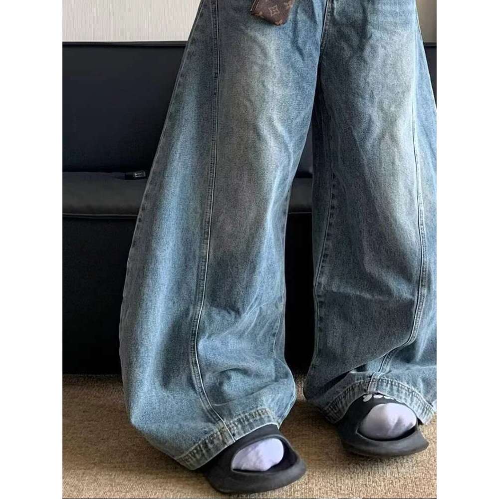 American Retro Washed Loose Straight Jeans Trendy Brand Banana Men Wide Leg Mop Pants