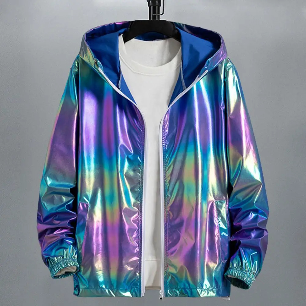 Mens Windbreaker Jackets Nightclub Stage Party Costume Streetwear Harajuku Hip Hop Reflective Jacket Gold Fashion Coats 250304