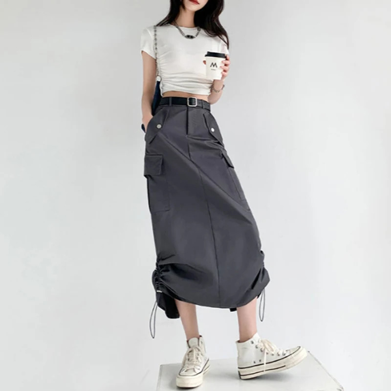 American Retro Cargo Skirt for Women Summer Drawstring High Waist Mid-length Skirt Woman Y2k Streetwear Pocket Skirts 250228