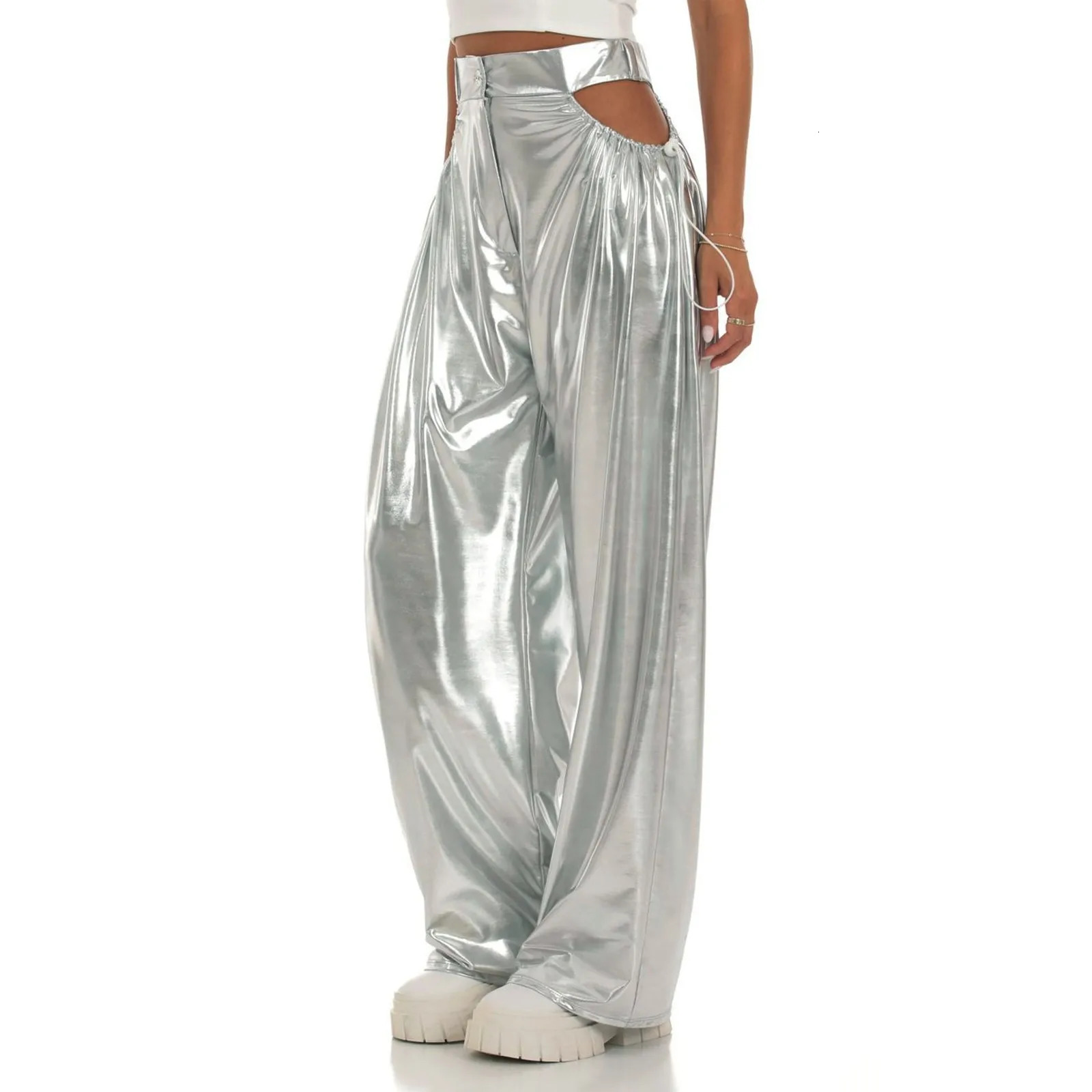 Womens Silver Straight Pants Hollow Out Pockets High Waist Dancewear Pleated Flowy Casual Drawstring Sporty Yoga Clothes 250304