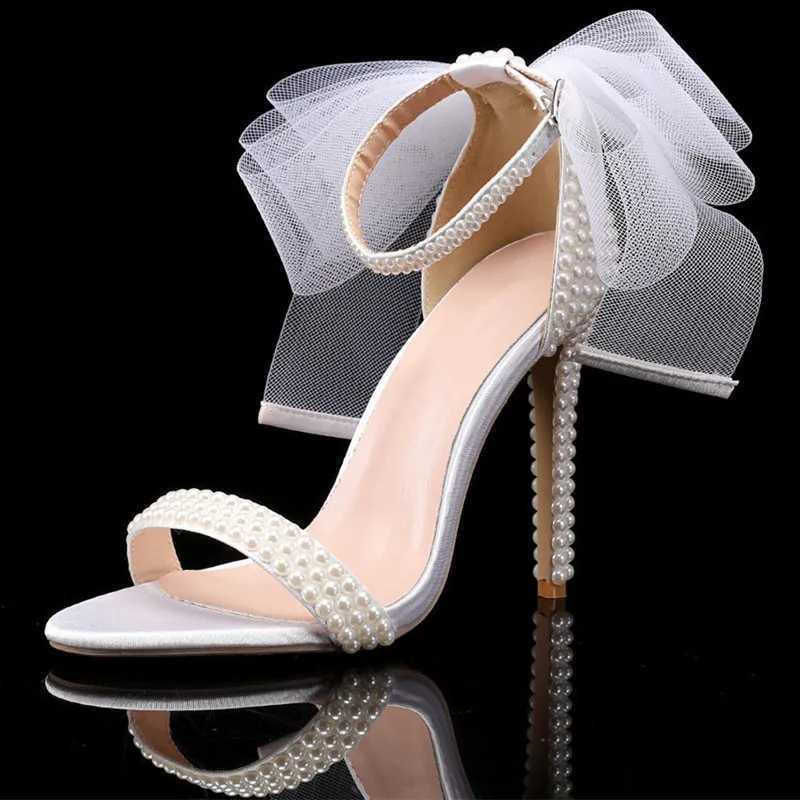 Summer New brand Fi Bowknot Beading Women Gladiator Sandals Luxury Pearls White thin High heels Wedding Bridal Party ShoesXJ2500305