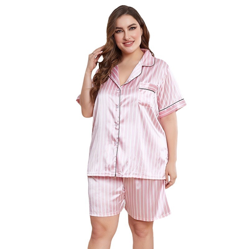 Summer Loungewear for Women - Breathable Ice Silk Short-Sleeved Shirt & Pant Combo, Extended Sizing Options