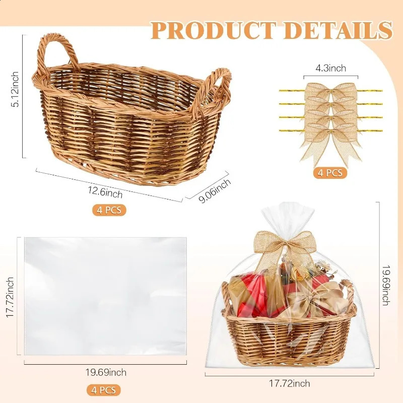 Ship from US 4 sets of loose willow baskets with gift bags bow flower woven stackable good stuff empty DIY 250305FBB