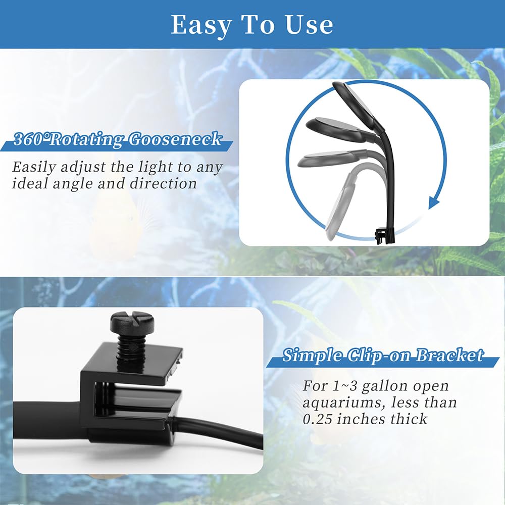 7W LED Aquarium Light for 1 to 5 Gallon Fish Tanks Clip On Light USB Aquarium Lamp with Full Spectrum Dimmable with Timer
