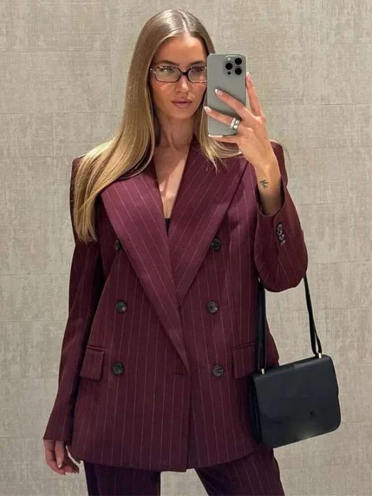 Office Solid Color Double Breasted Women Coat Full Sleeve Turn-Down Collar Lady Stripe Jacket 2025 Spring Fashion Female Blazer
