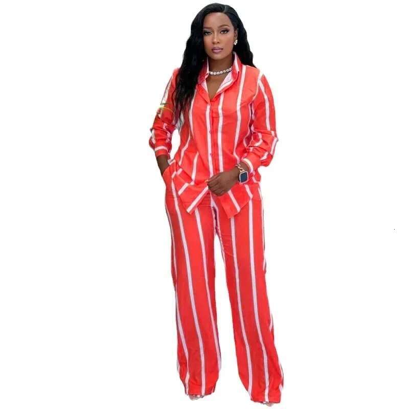 Summer Fashion Stripe African Casual Button Long Sleeved Shirt Wide Leg Pants Two Piece Set Women