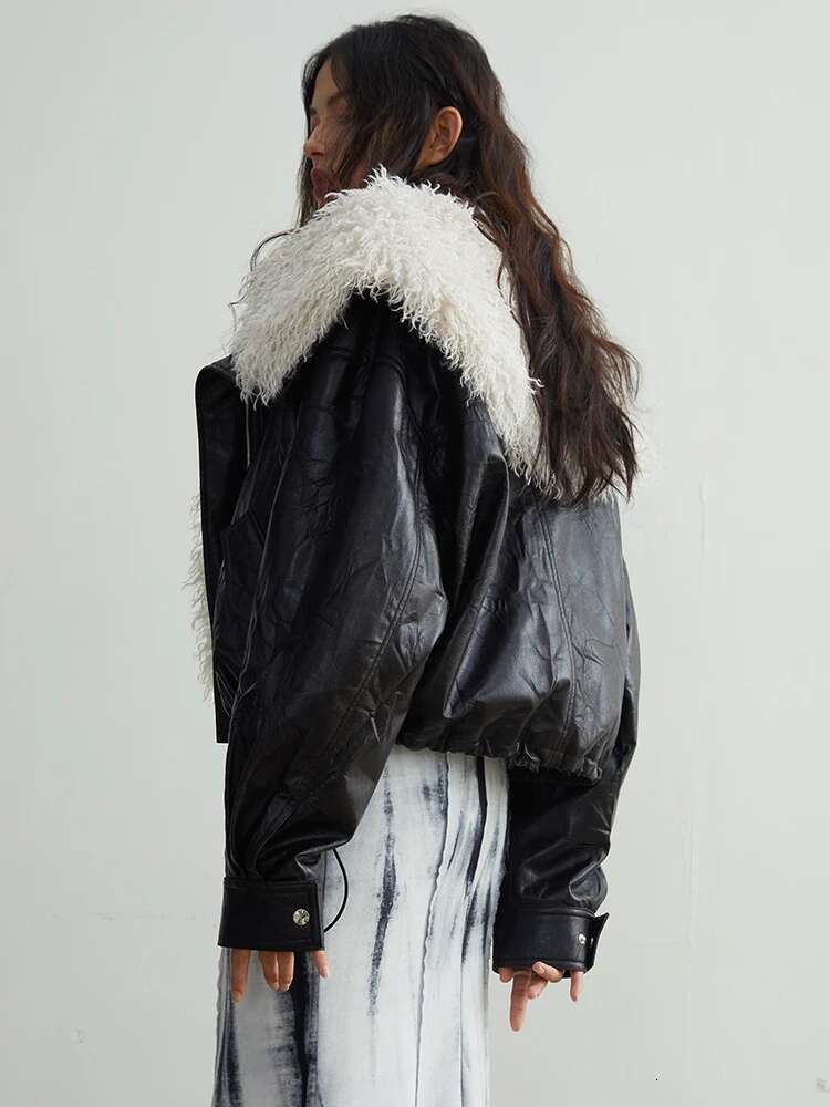 Black Big Size PU Leather Jacket New Removable Fur Collar Long Sleeve Women Coat Fashion Tide Spring Autumn