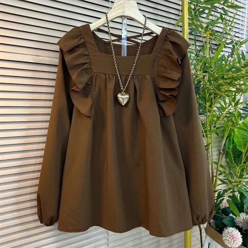 New Women's Shirt 2024 Spring Autumn Long Sleeve Lotus Leaf Edge Casual Ladies Tops Design Sense Square Neck Loose Lady Blouse