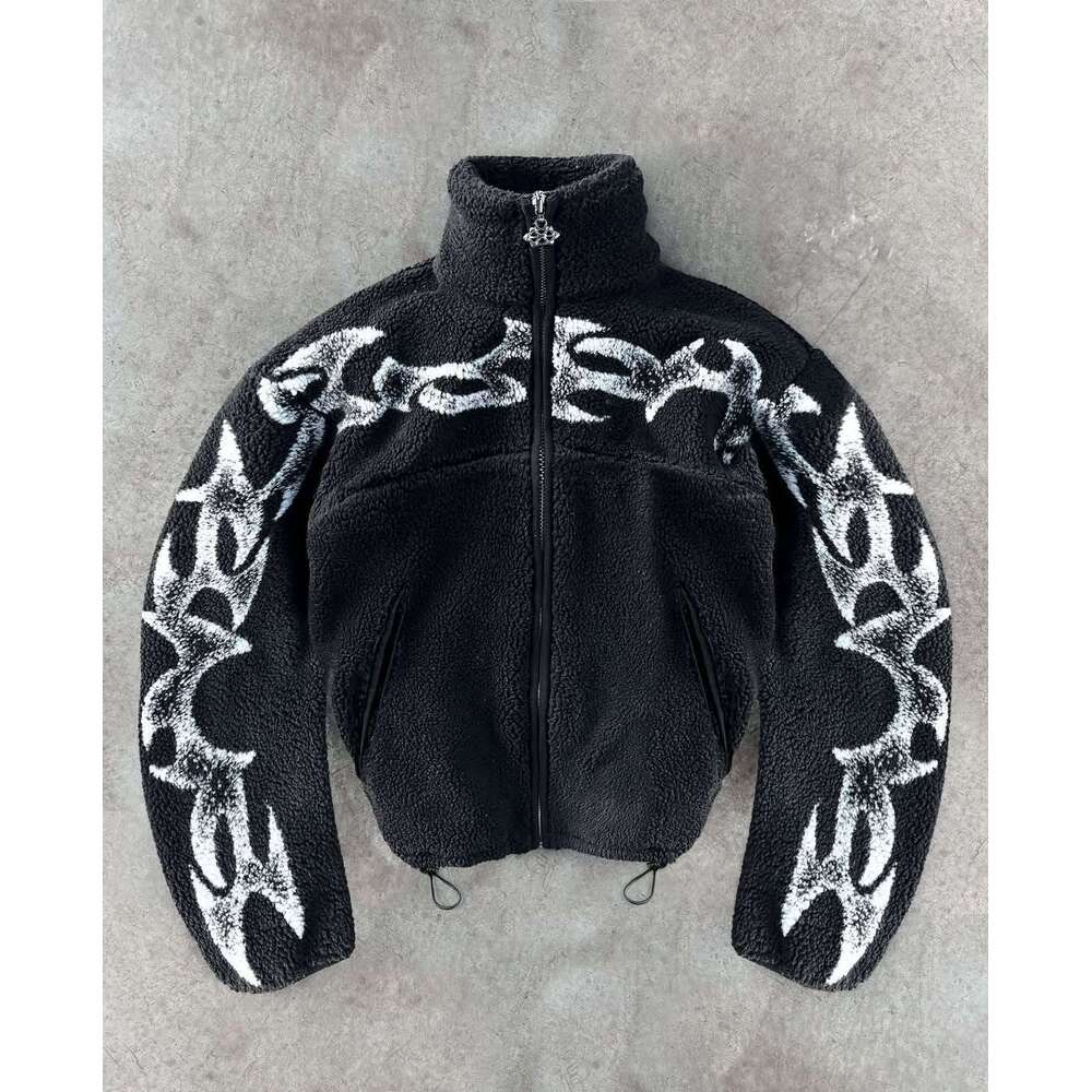 Personalized hip-hop winter warm print fleece cardigan men's and women's loose stand up collar zipper jacket