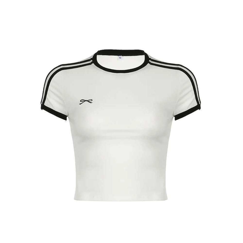 Embroidered Contrast Bow Crop Top Women Striped Print Short Sleeve Slim White T Shirts Casual Streetwear Y2k Tees KLMY