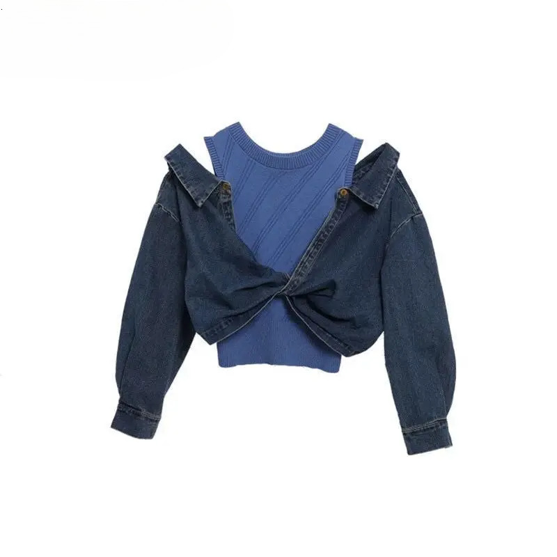 hoodie European Fake Two-Piece Spliced Off Shoulder Denim Shirt Women's Autumn New Vintage Punk Waste Land Fashion Sweet Top jacket