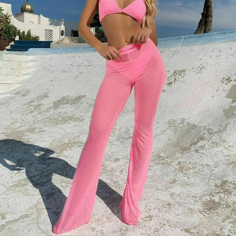 Women Sexy Beach See-through Mesh High Waist Elastic Sheer Wide Leg Pants Trousers Plus Size Bikini Cover Up S-XL 250304