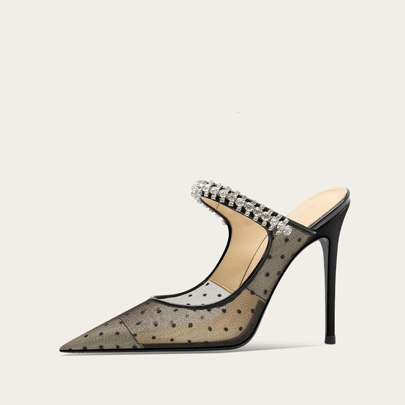 Polka dot mesh sexy black high-heeled sandals women, Xia pointed straight diamond chain toe slippers with high-end feel for wearing outside