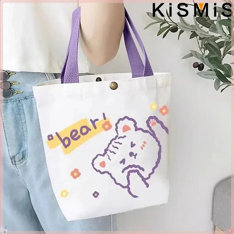 Ship from US KISIMIS Women Mini Cotton Canvas Tote Cute Bear Simple Handbag Shopping Bag Lunch Small Lovely Decoration Storage 250305FBB