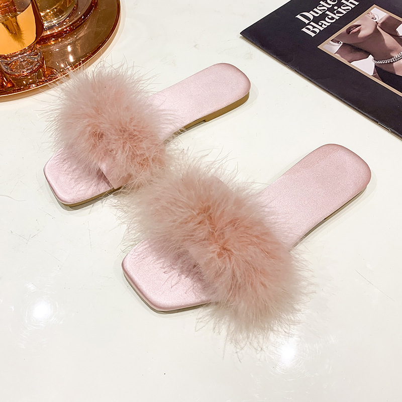 2025 Spring/Summer New Feather Hair Designer Women's Silk Red Slippers Trendy Dress Matching Shoes Trendy Casual Sandals