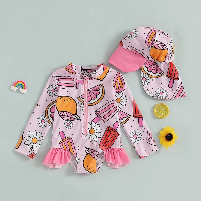 Baby Girl Swimsuit with Sun Hat Set Cute Mermaid Scale Print Zip Up Long Sleeve Rash Guard Swimwear for Toddler Girls 250304