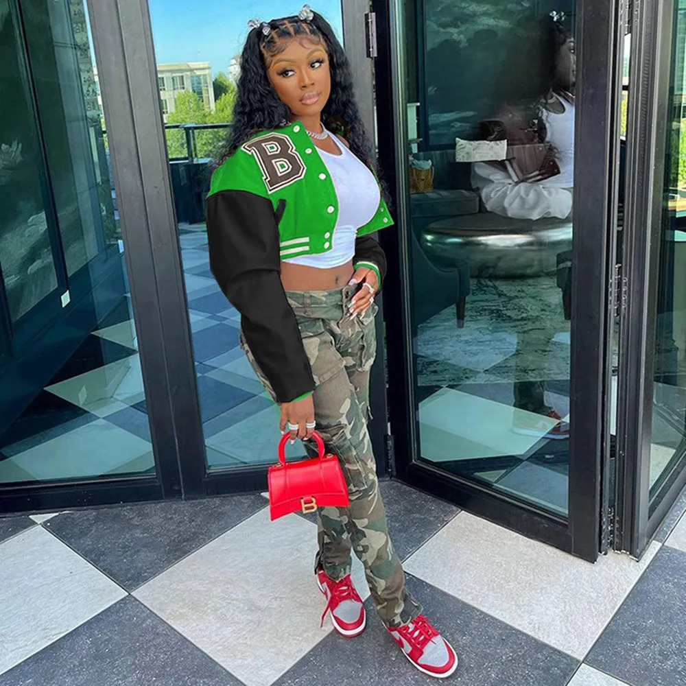 Baseball Jacket Womens Spring Autumn Clothing Fashion Casual Ladies Patchwork Crop Jackets Coats 250304