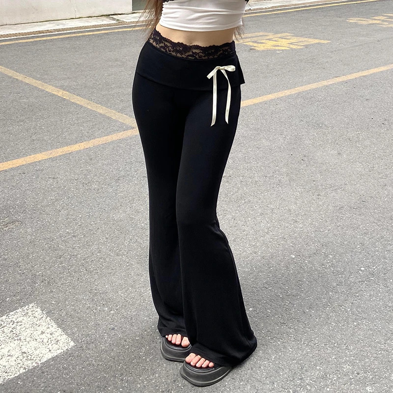 Darlingaga Casual Black Skinny Lace Spliced Basic Women Pants Bow Yoga Soft Gym Bow Harajuku Full Length Flared Trousers Bottoms 250304