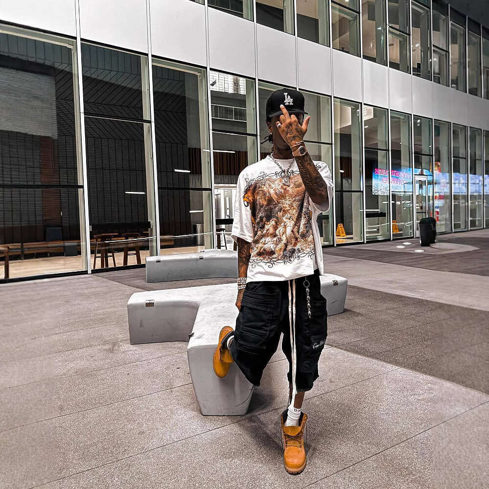 American street cool cross faith 3D pattern loose spring and summer trendy clothing