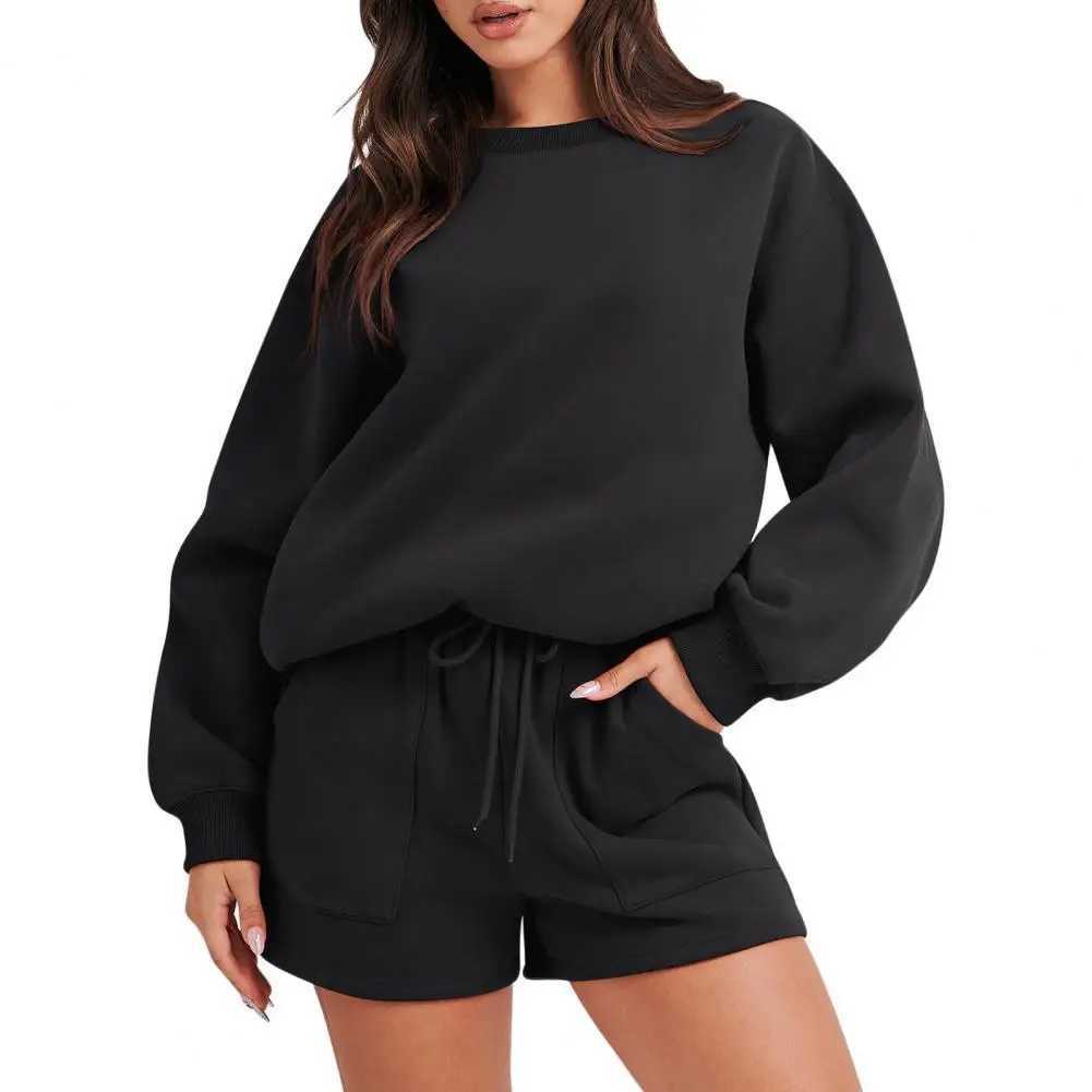 2 Pcs/Set Sweatshirt Shorts Set Loose Drawstring Elastic Waist Round Neck Elastic Cuff Soft Pockets Fall Spring Top Shorts Suit X250305
