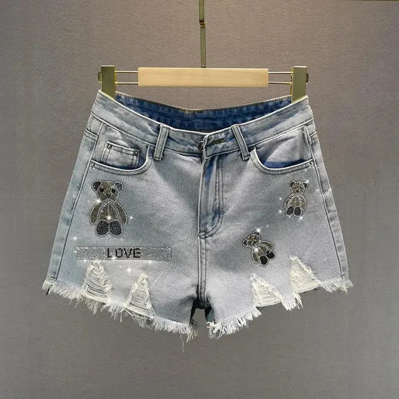 Womens 2024 Summer High Waist Little Bear Diamond Shorts with Broken Hole Ragged Edge Denim Female Streetwear 250304