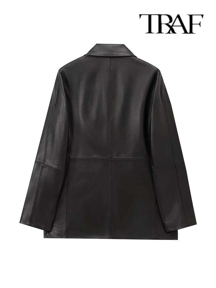 TRAF 2025 Women's Jacket Leather Blazers Spring Autumn Fashion Single Button Coat Casual Vegetable Tanned Sheepskin Suit New