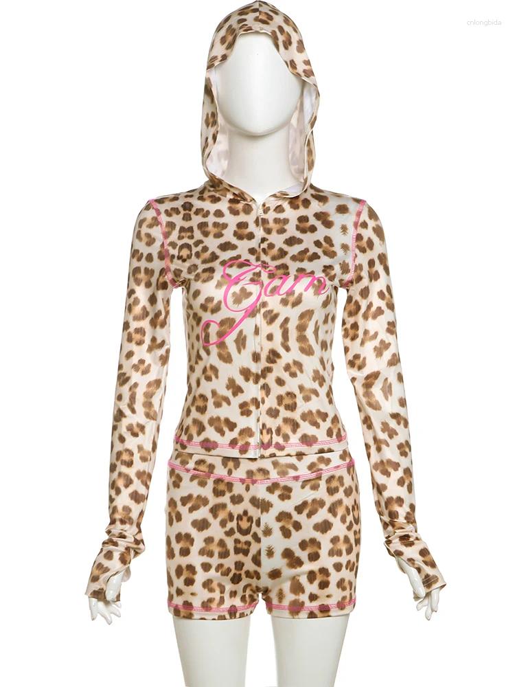 Womens Tracksuits Nibber Sporty Women Tracksuit 2 Piece Set Letter Print Leopard Zip Hooded Jacket Biker Shorts Matching Stretch Activity