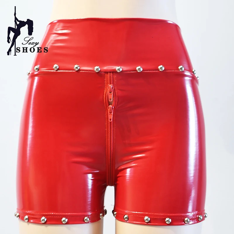 Riveted Womens Pants Double Zipper Sexy Gothic Women Shine Leather Shorts Festival Rave Girl Club Streetwear 250304