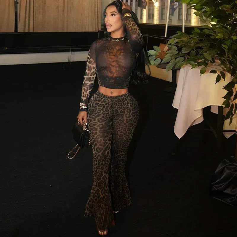 XIZOU Leopard Print 2 Piece Set Women Hipster Sexy Full Sleeve Tops and Pants Matching Coquette Midnight Party Club Outfits 250304