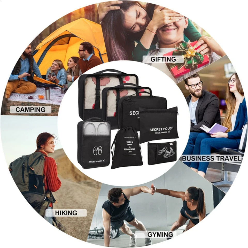 Ship from US 7 Pcs Set Travel Luggage Packing Cubes Clothes Organizers With Toiletry Bag Clothing Classification Shoes 250305FBB