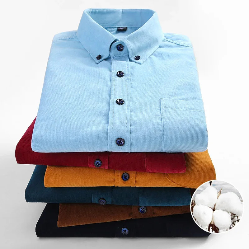 Cotton Corduroy Shirt Long Sleeve Winter Regular Fit Mens Casual Warm S6xl Solid Shirts with Pockets Autumn Quality 250227