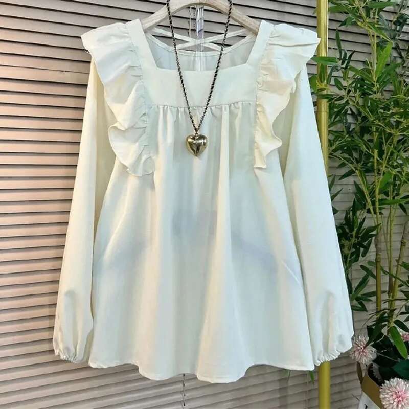 New Women's Shirt 2024 Spring Autumn Long Sleeve Lotus Leaf Edge Casual Ladies Tops Design Sense Square Neck Loose Lady Blouse