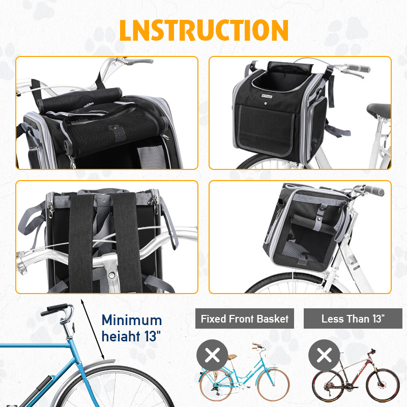 Dog Bike Basket, Expandable Soft Sided Pet Carrier Backpack with 4 Open Doors, Foldable Dog Bike Carrier