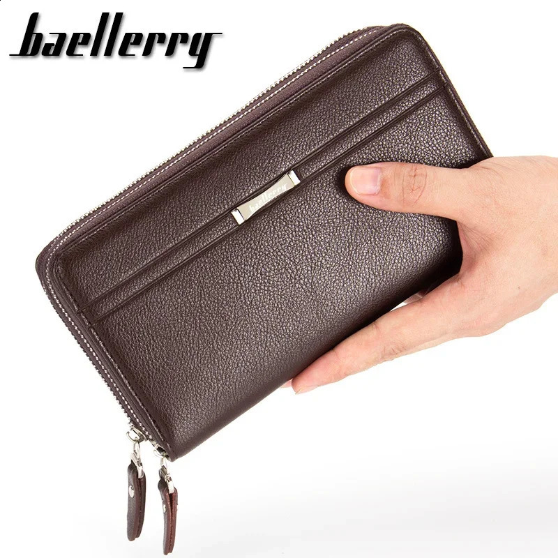Large capacity long business mens leather wallet with coin pocket double zipper card clip clutch bag 250305
