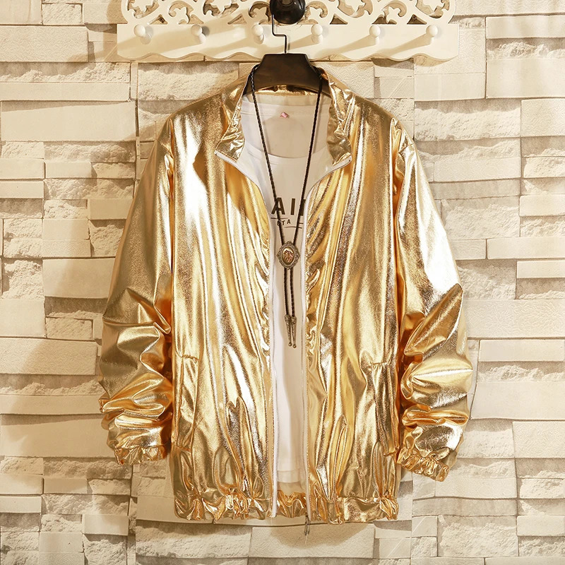 Mens Windbreaker Jackets Nightclub Stage Party Costume Streetwear Harajuku Hip Hop Reflective Jacket Gold Fashion Coats y250304