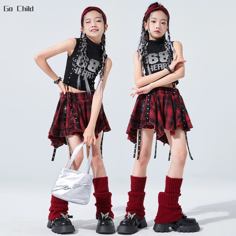 Kids Hip Hop Crop Top Plaid Street Dance Skirt Girls Ribbon Pleated Skirts Teens Jazz Cool Costumes Child Streetwear Clothes Set 250304