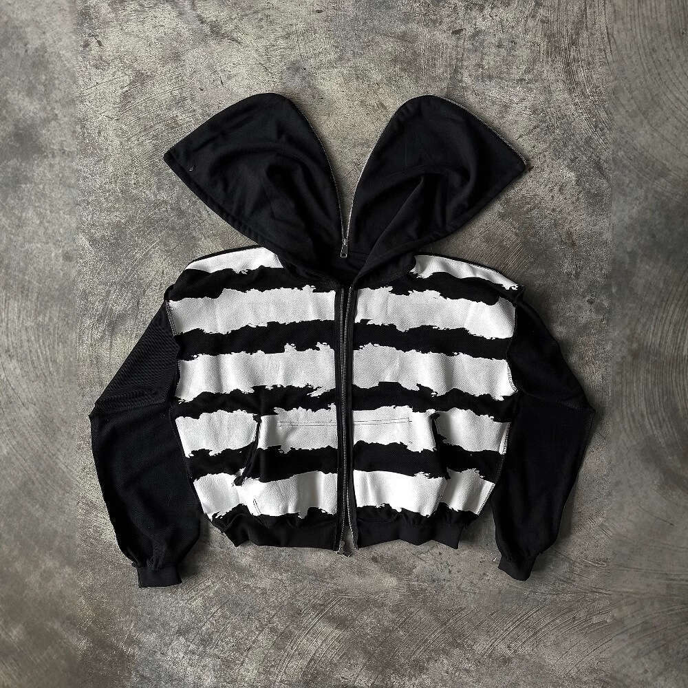 Y2K full zipper split design unisex printed hooded sweatshirt