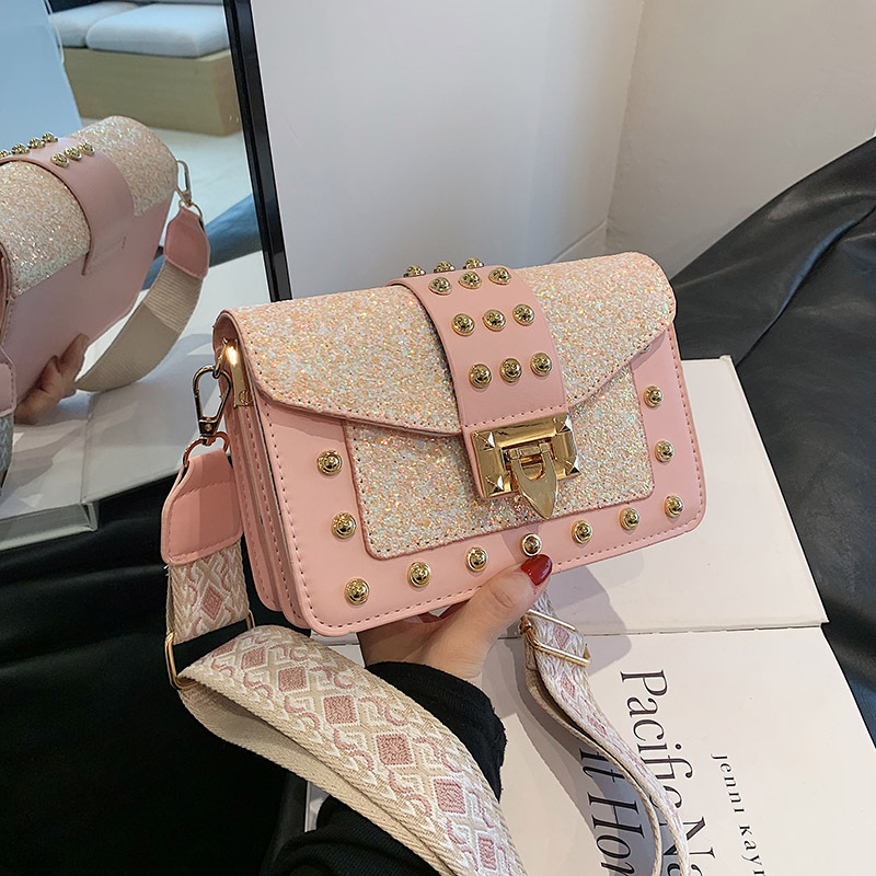 Glitter Women's 2023 New Fashionable Wide Strap Shoulder Crossbody Bag Rivet Handbag