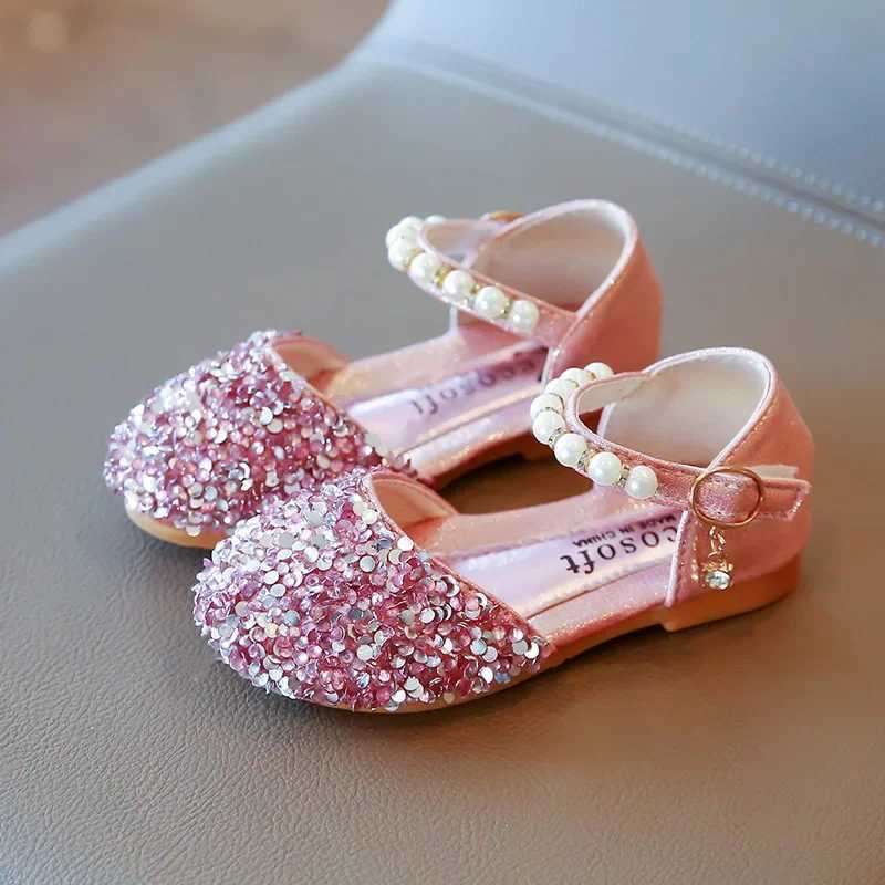 Girls Sprincess Shoes Sequins Pearl Gold Pink Summer Children Sandals Cover Toe 21-36 Toddler Fashion Party Dance Kids FlatsT250306