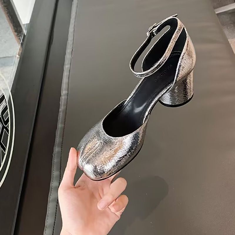 High Heels Women's New Niche Thick Heel Silver Single Shoes, Shallow Mouth Hollow Back Bag, One Character Deduction Toe Pig Hoof Sandals For Wome