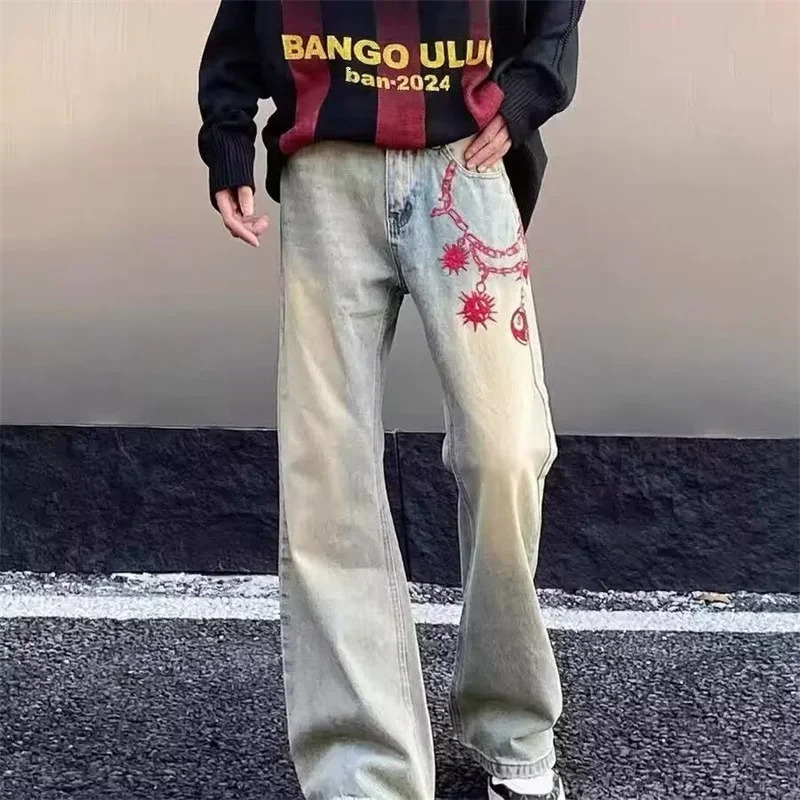 Chain Meteor Hammer Print Baggy Jeans For Men Y2K Vintage Wide leg Denim Trousers High Street Washed Distressed 250306wtt