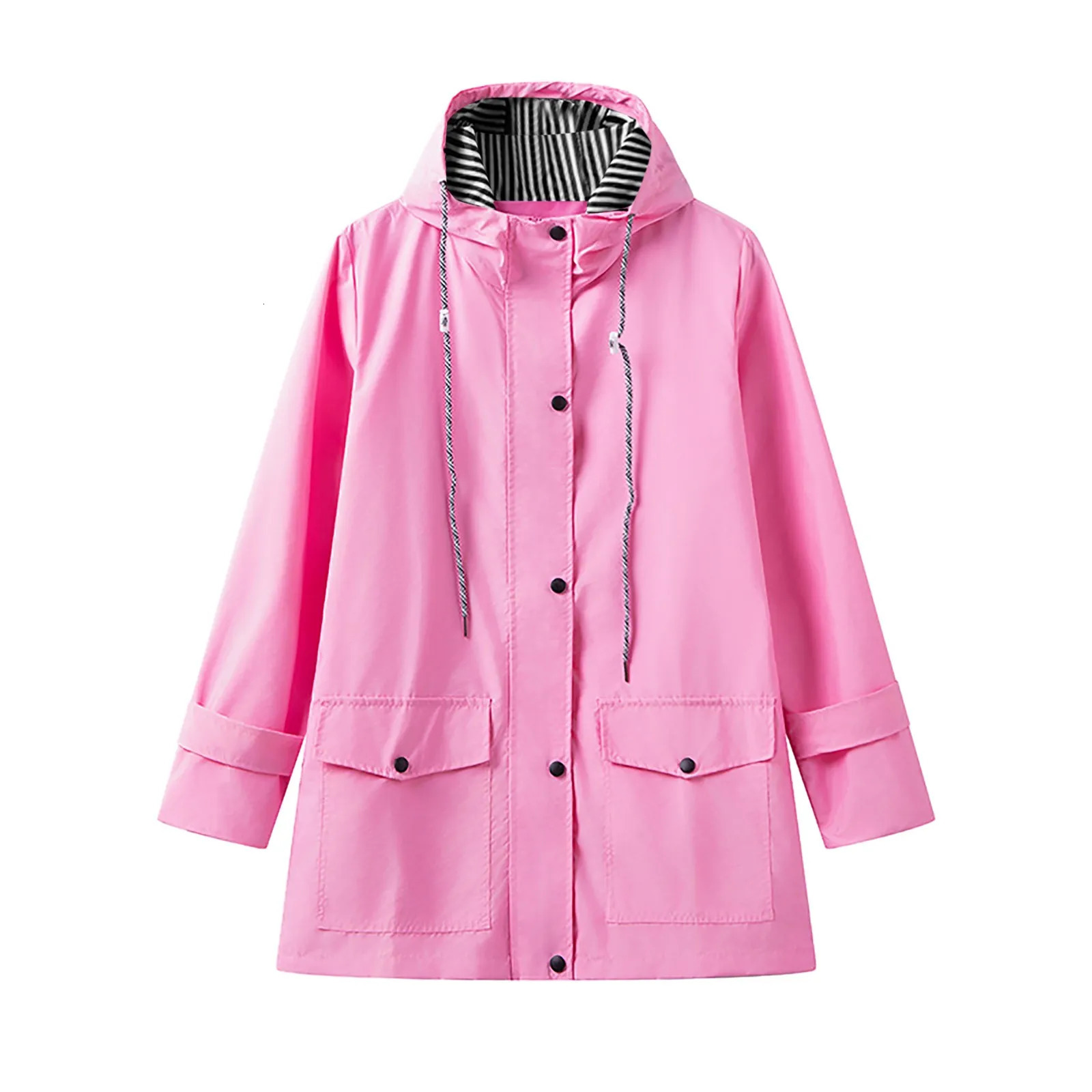 Spring and Autumn Changgou Coat Womens Fashion Hooded Windproof Machine Stripe Printed Plus Size Casual Jacket 250306