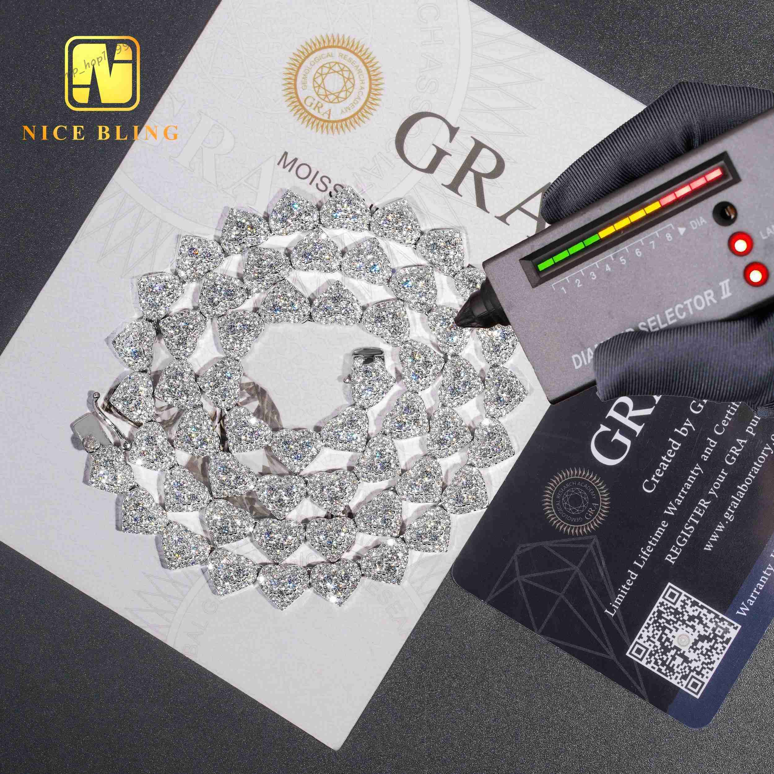 Moissanite Cluster Tennis Chain 925 Silver Fashion Hiphop Necklace 8mm Heart Shape Lab Diamond Tennis Necklaces for Men Women