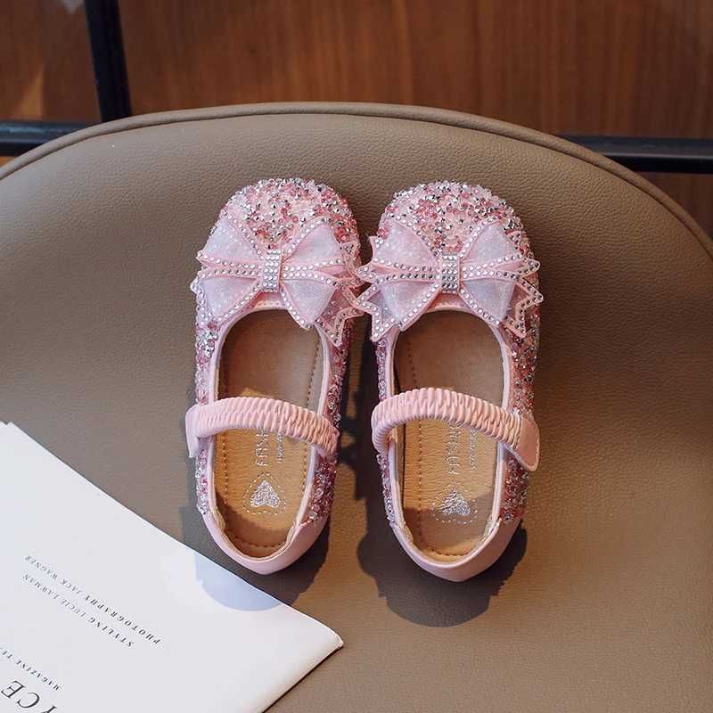 Girls Princess Shoes Pink Beige Crystal Glimmer Kids Flat Shoes Autumn Luxury Party Beautiful Hook-loop 23-35 Children ShoesT250306