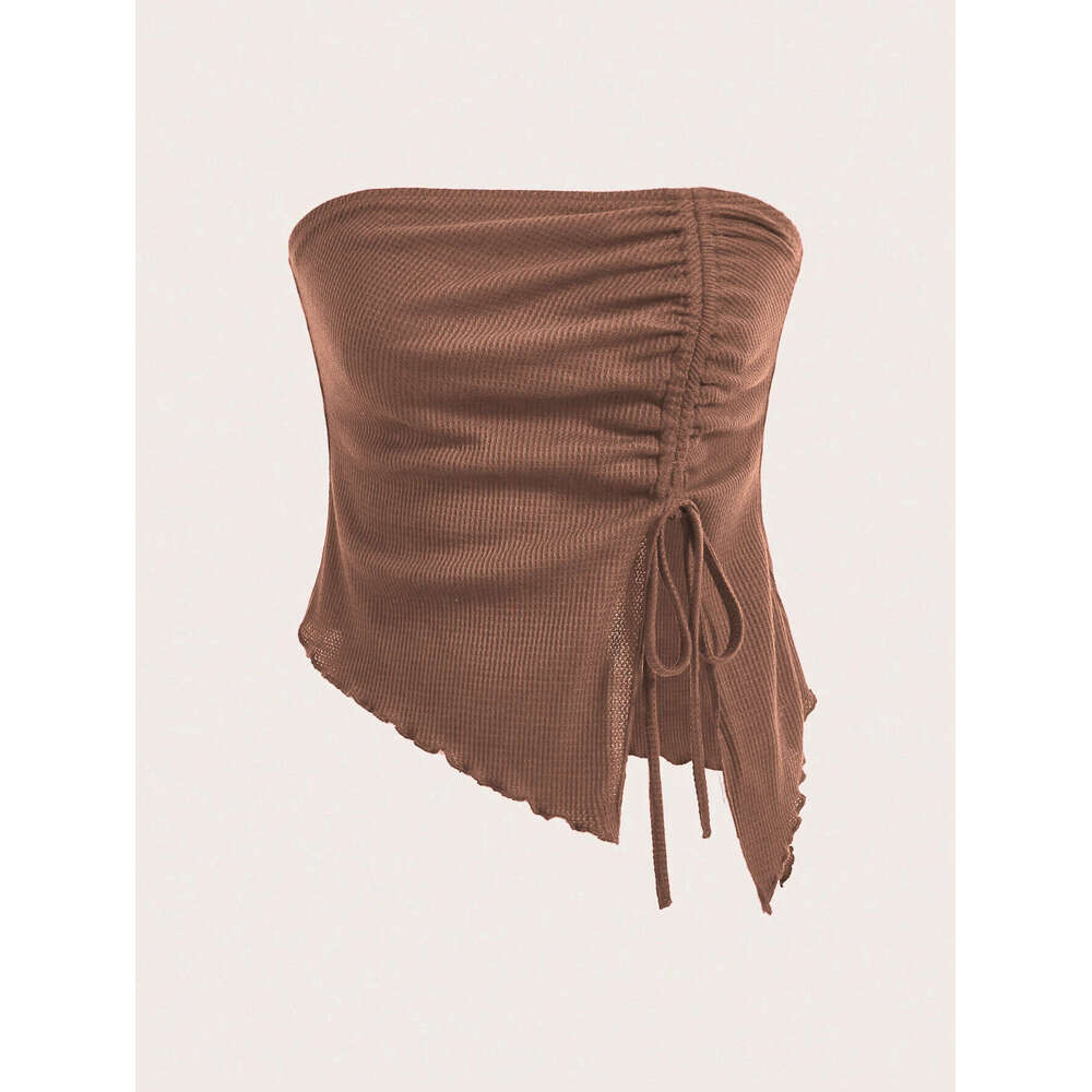 Women's Clothing 2025 Summer New Item Drawstring Slit Irregular Waffle Style Slim Fit Strapless Vest Top KLMY