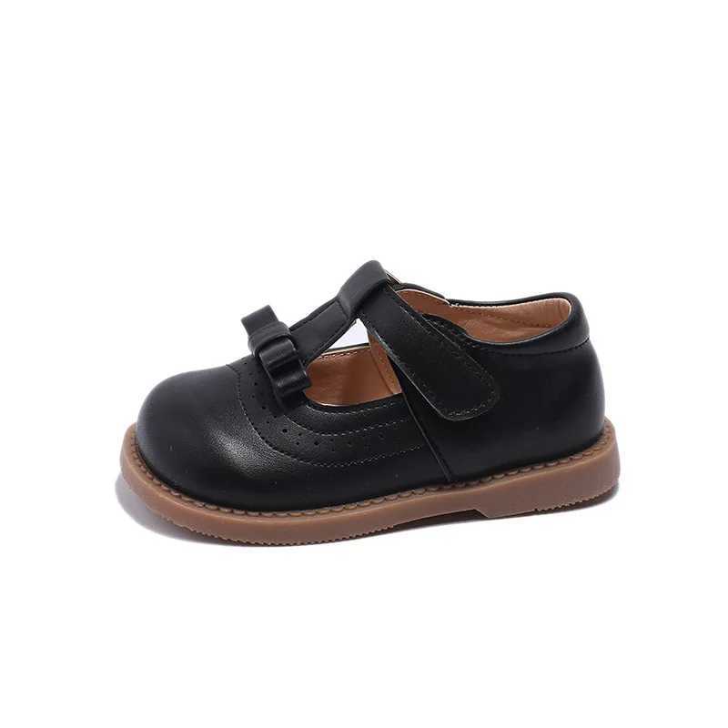 Girls Bow Princess Shoes Leather Shoes 2024 Spring New Fashion Soft Sole Childrens Single Shoes Soft Sole T-strap Kids ShoesT250306