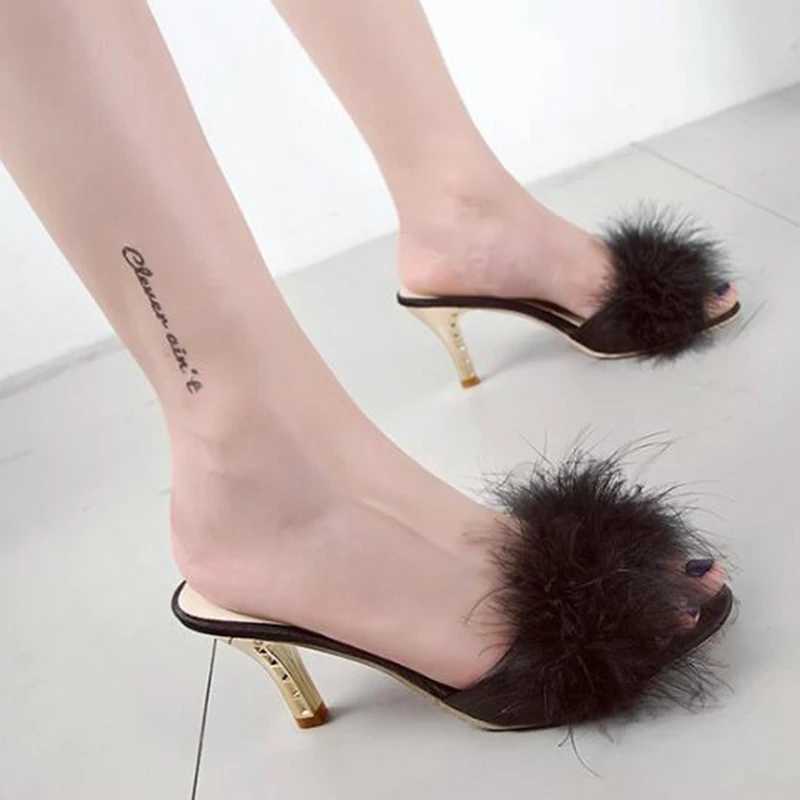 2023 Summer Shoes Wan Feather Thin High H Fur Slide Peep Toe Mes Womens Pump Slide Shoes Large Size Y250306